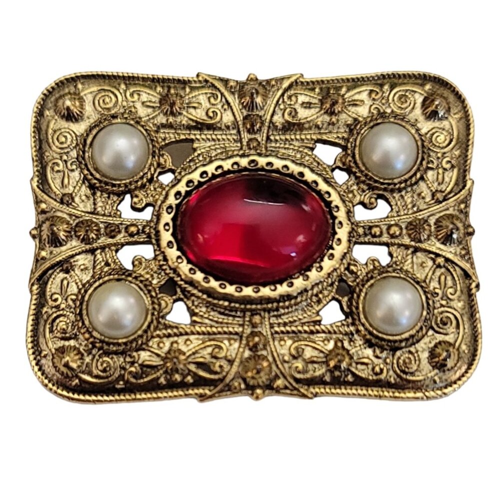 1928 Brand Faux Pearl Red Lucite  Rectangle Brooch Pin M818